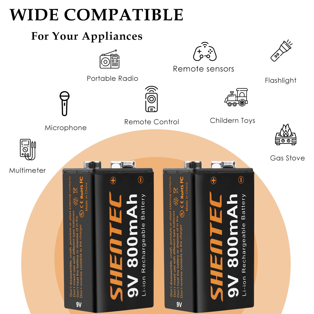 SHENTEC Confezione da 8 Batterie Ricaricabili al Litio 9V 800mAh 6F22 PP3 LR22 MN1604