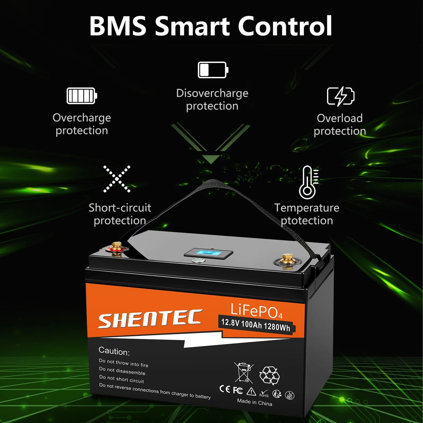 SHENTEC 12 V 100 Ah Batteria LiFePO4 con Display LED BMS integrato 100 A per alimentazione di backup