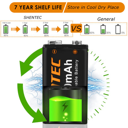SHENTEC Confezione da 8 Batterie Ricaricabili al Litio 9V 800mAh 6F22 PP3 LR22 MN1604