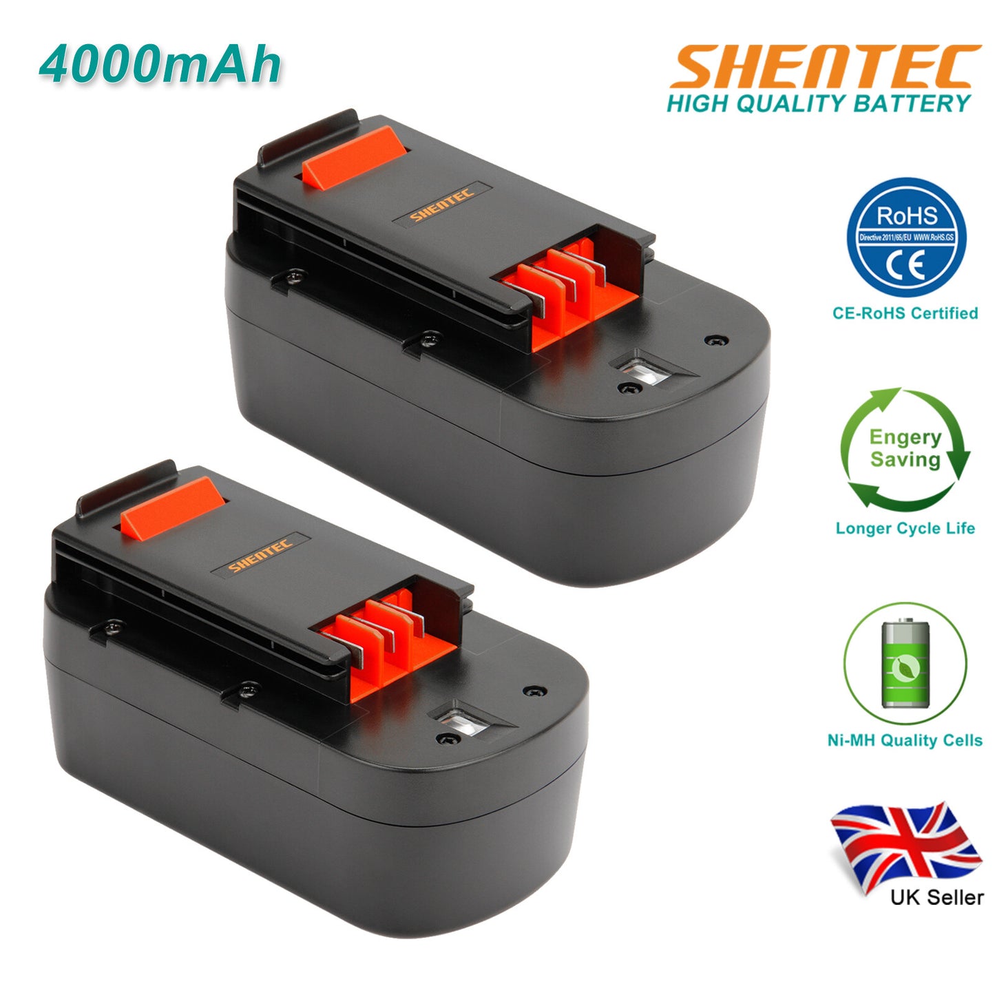 SHENTEC 2x Batteria Ni-MH 4000mAh Per Black Decker A18 A1718 HPB18 FSB18 FS18BX FS18FL