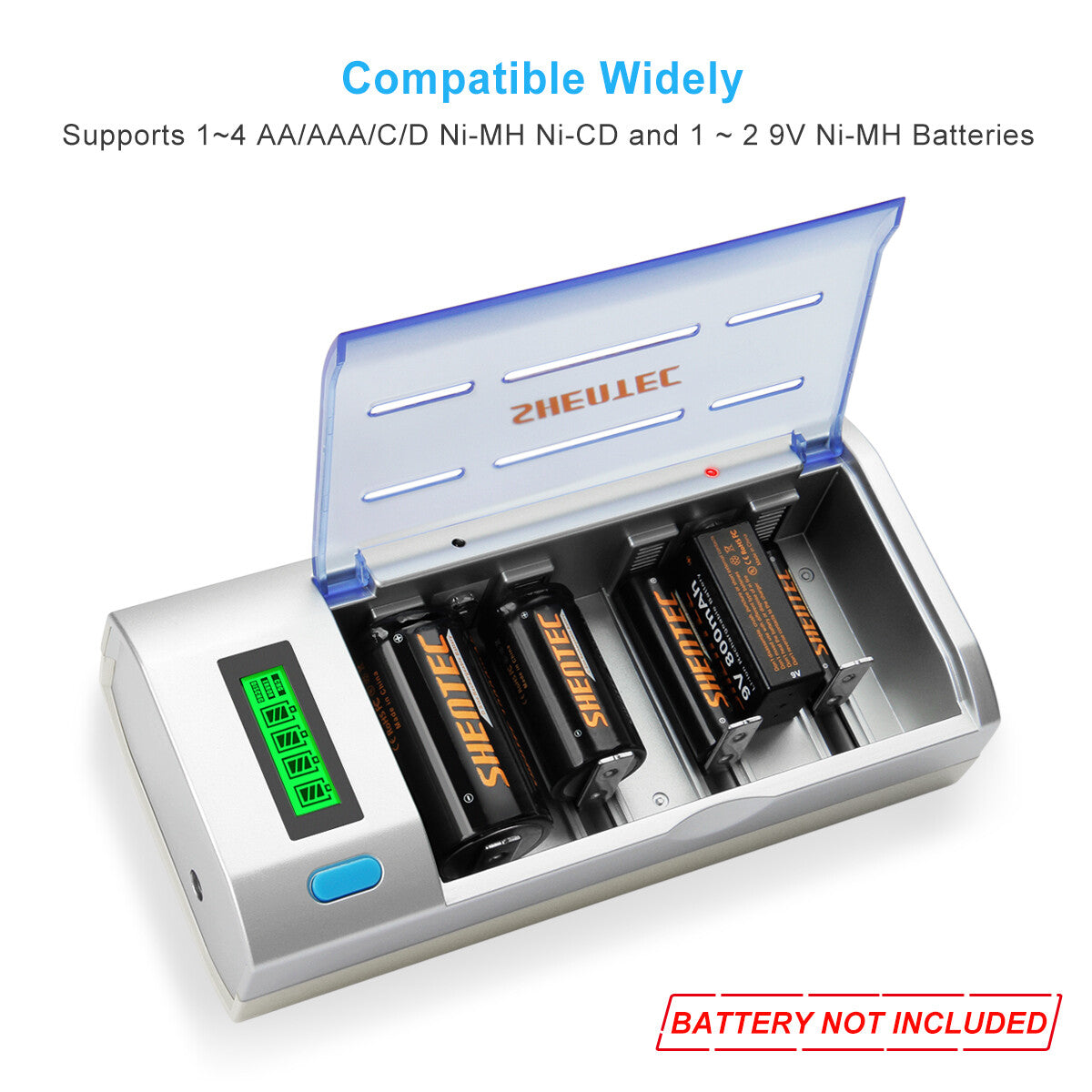 SHENTEC LCD Caricabatterie Universale per Batterie Ricaricabili AA AAA C D 9V Ni-MH Ni-Cd