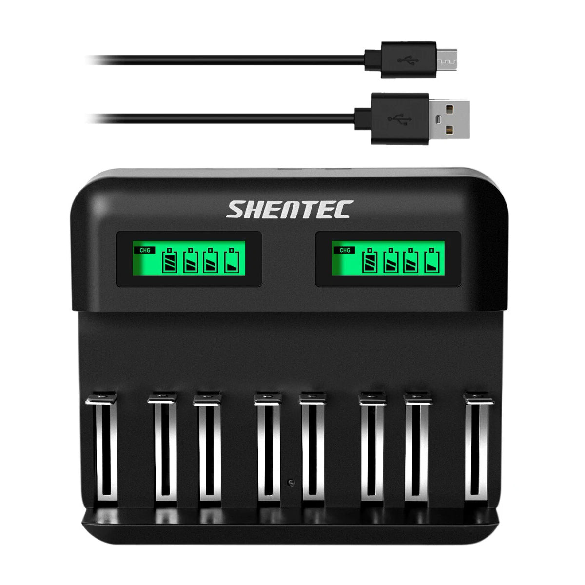 SHENTEC Caricabatterie intelligente 8 alloggiamenti per batterie 9V, AA, AAA, C, D Ni-MH ricaricabili