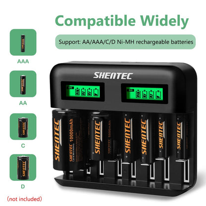 SHENTEC Caricabatterie intelligente 8 alloggiamenti per batterie 9V, AA, AAA, C, D Ni-MH ricaricabili