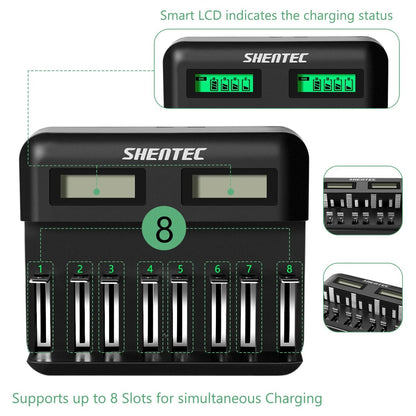 SHENTEC Caricabatterie intelligente 8 alloggiamenti per batterie 9V, AA, AAA, C, D Ni-MH ricaricabili