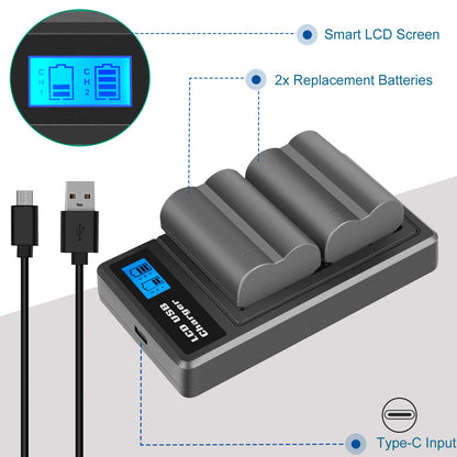 Caricabatterie Doppio con LCD per 2x Batterie BP-511 per Canon EOS 40D 50D BP-511A 300D 20D 30D