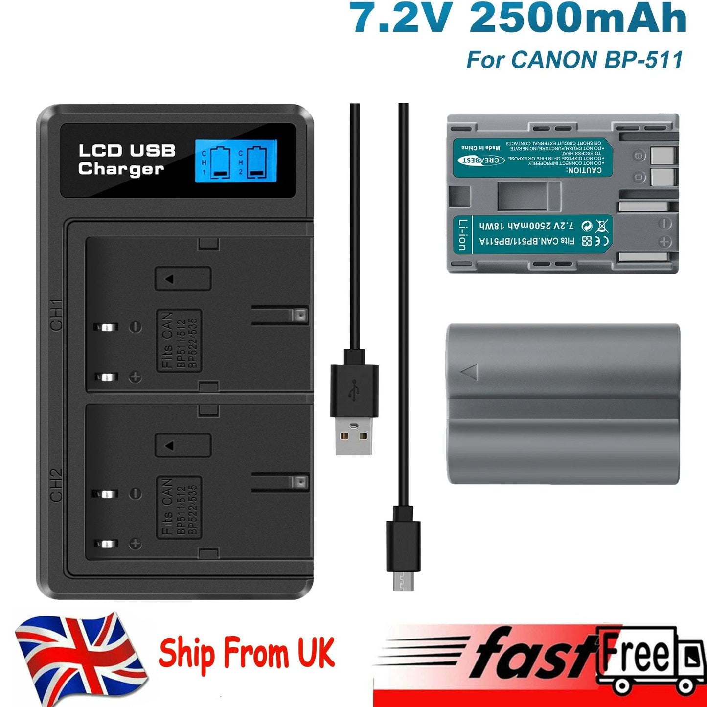 Caricabatterie Doppio con LCD per 2x Batterie BP-511 per Canon EOS 40D 50D BP-511A 300D 20D 30D