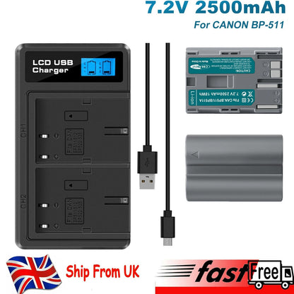 Caricabatterie Doppio con LCD per 2x Batterie BP-511 per Canon EOS 40D 50D BP-511A 300D 20D 30D