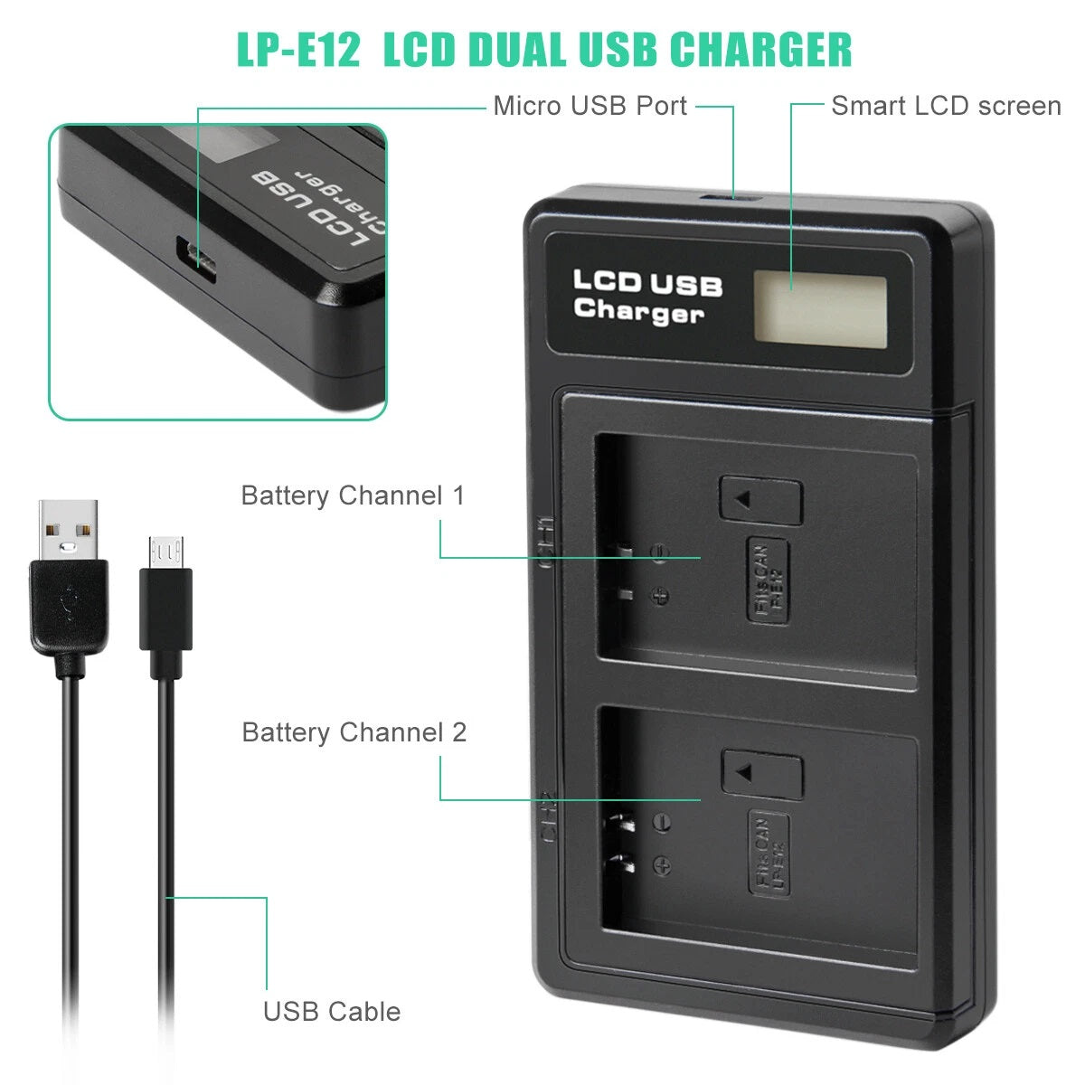 2x Batteria LP-E12 + Caricabatterie per Canon EOS M M10 M50 PowerShot SX70