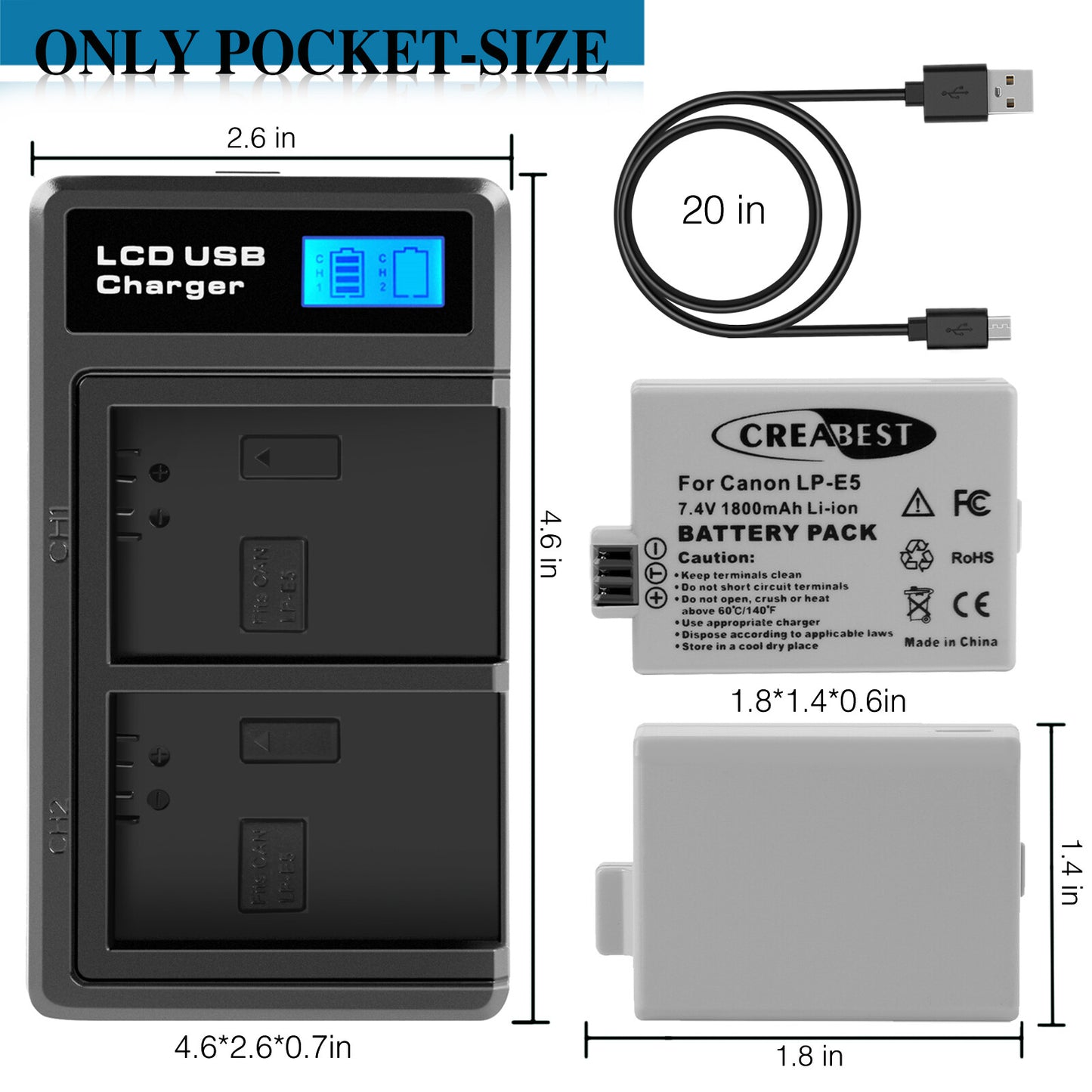 2× Batteria LP-E5 1800mAh per Canon EOS 450D 500D 1000D Rebel T1i Xs Kiss X3 X2