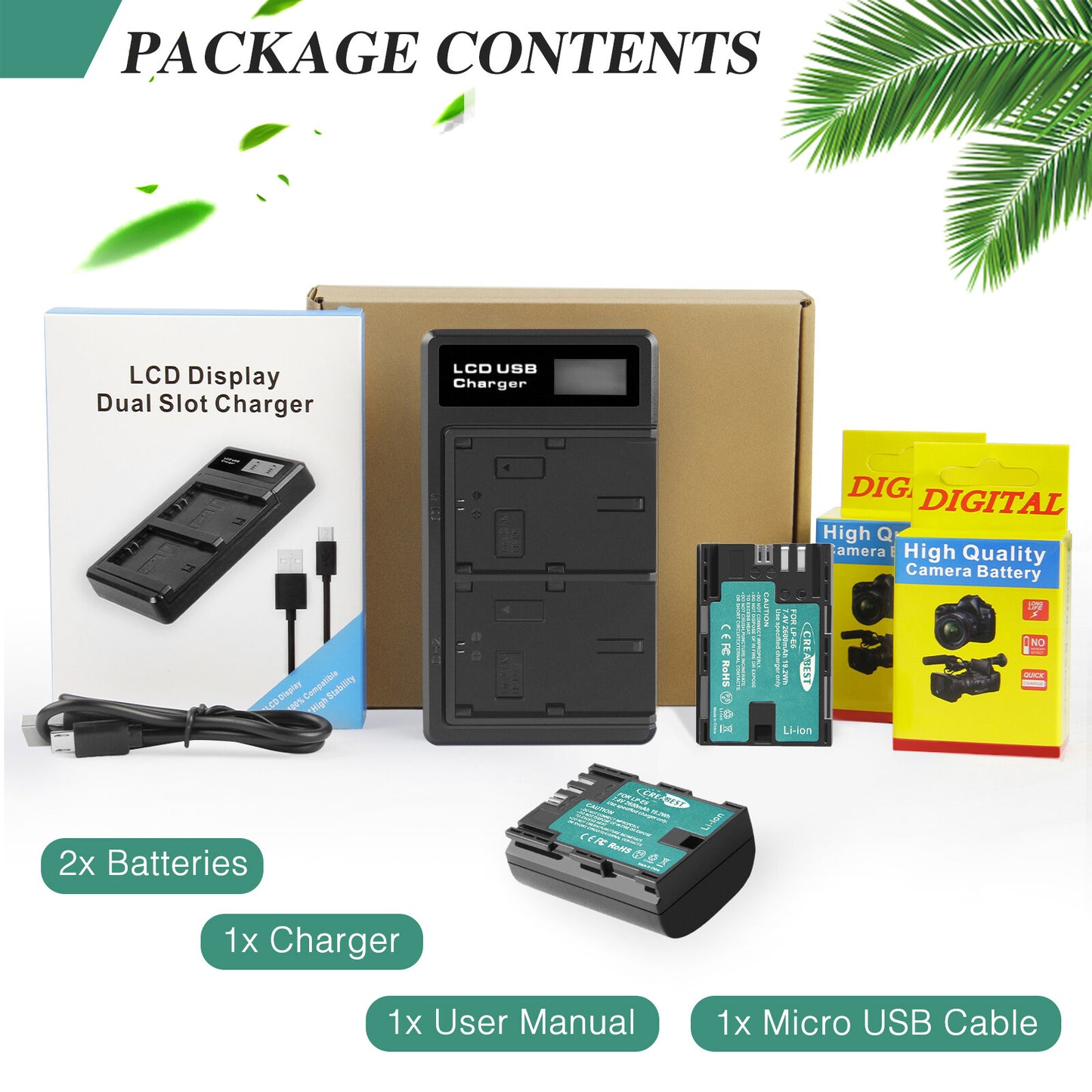 2xLP-E6 LP-E6N Batteria+Caricabatterie Doppio per Canon EOS 90D 5D Mark III IV 80D 60D 70D