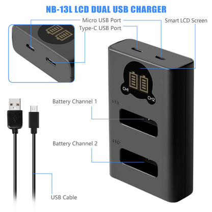 2x Batteria NB-13L + caricatore LCD per Canon PowerShot SX620 HS G5X G7X Mark III II