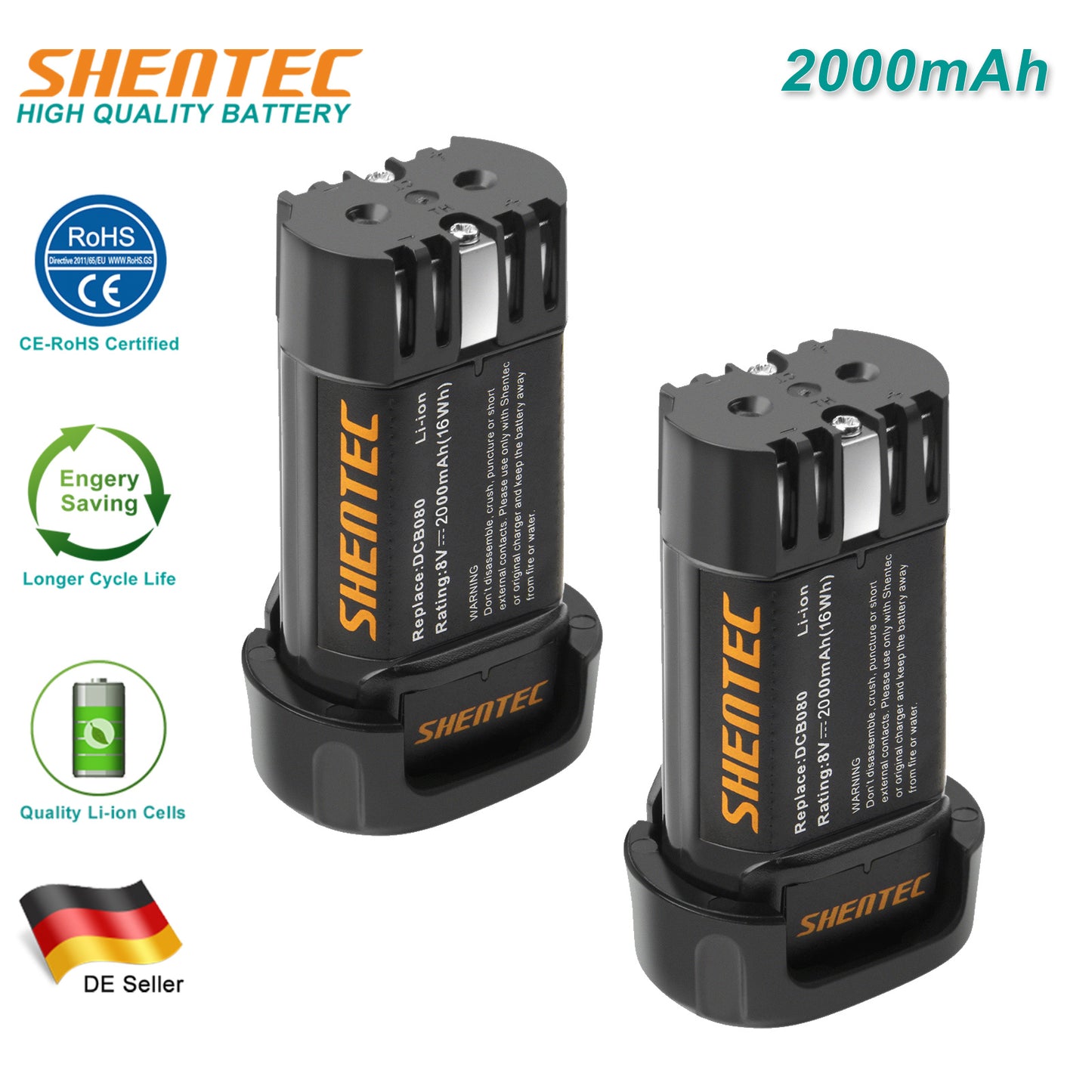 SHENTEC Confezione da 2 Batterie Sostitutive 2000mAh 8-Volt Compatibili con DEWALT