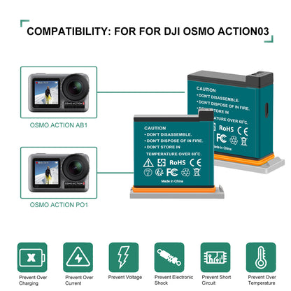 3x Batterie 1350mAh + Caricabatterie USB Veloce a 3 Canali per DJI Osmo AB1 P01 PT1 Action