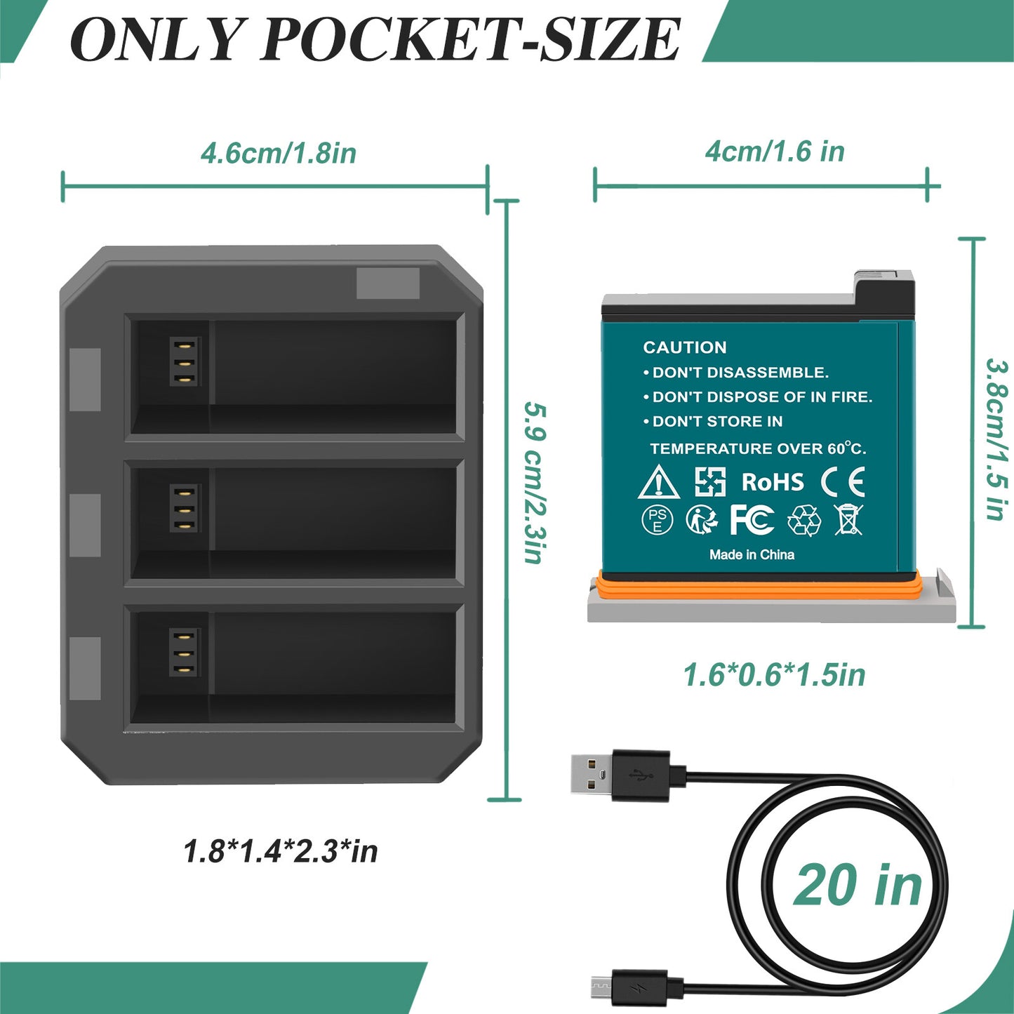 3x Batterie 1350mAh + Caricabatterie USB Veloce a 3 Canali per DJI Osmo AB1 P01 PT1 Action