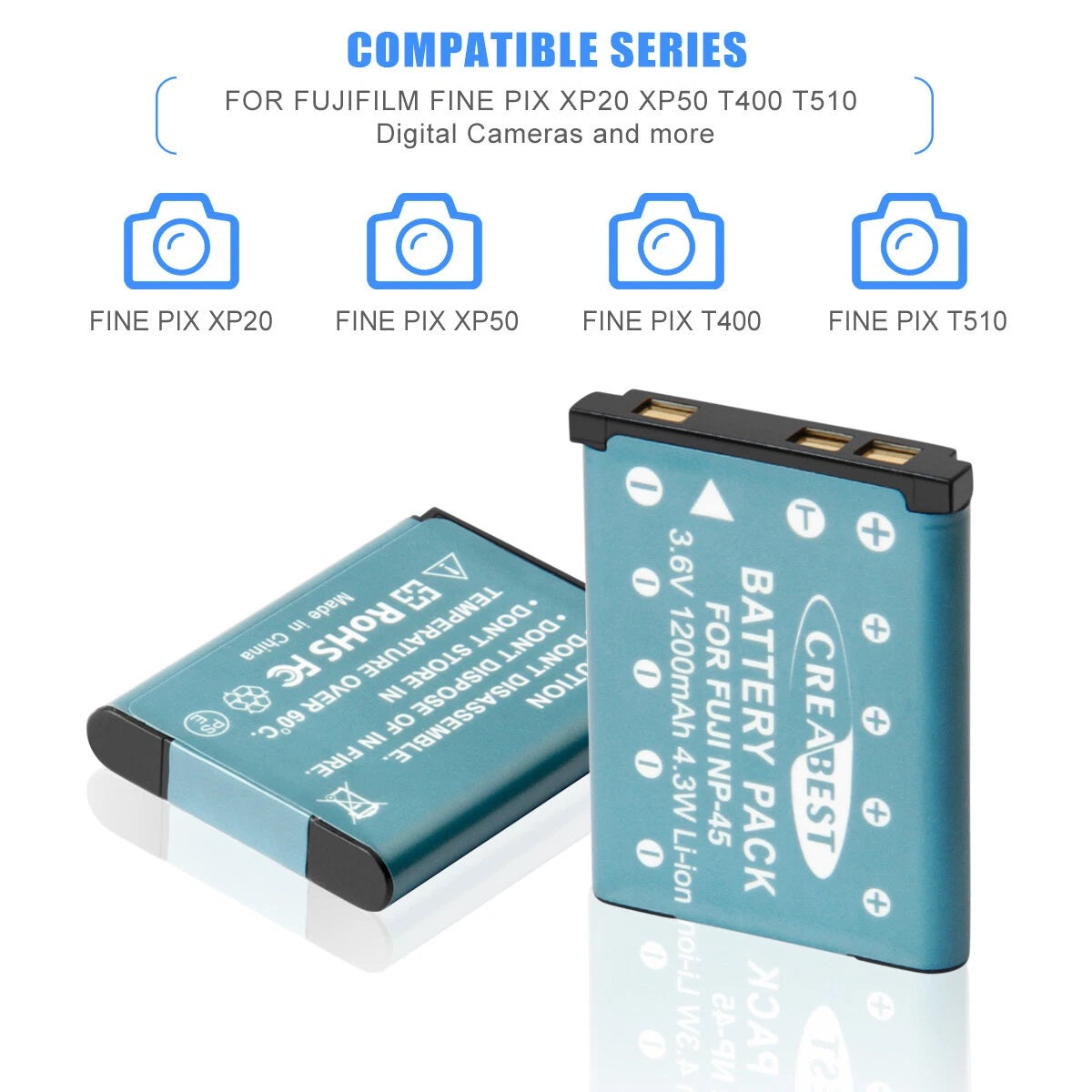 SHENTEC Batteria 3.6V 1200mAh per Fujifilm NP-45 Olympus Nikon EN-EL10 + Caricabatterie