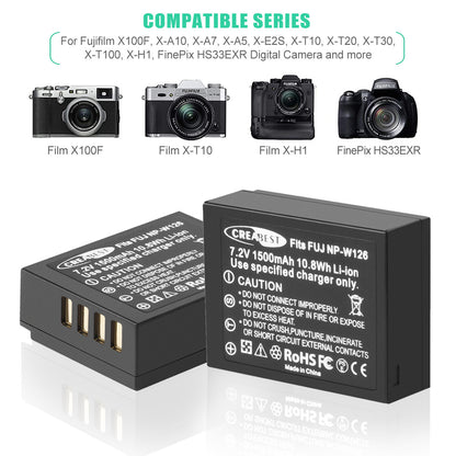 2x Batteria NP-W126 W126S+Caricabatterie Per Fujifilm Fuji X-E1 X-E2 X-E2S X-T10 X-T20