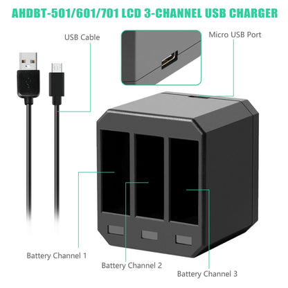 3 Batterie AHDBT-501 601 701 per GoPro HERO 7 Hero 6 5 Black + Caricabatterie triplo