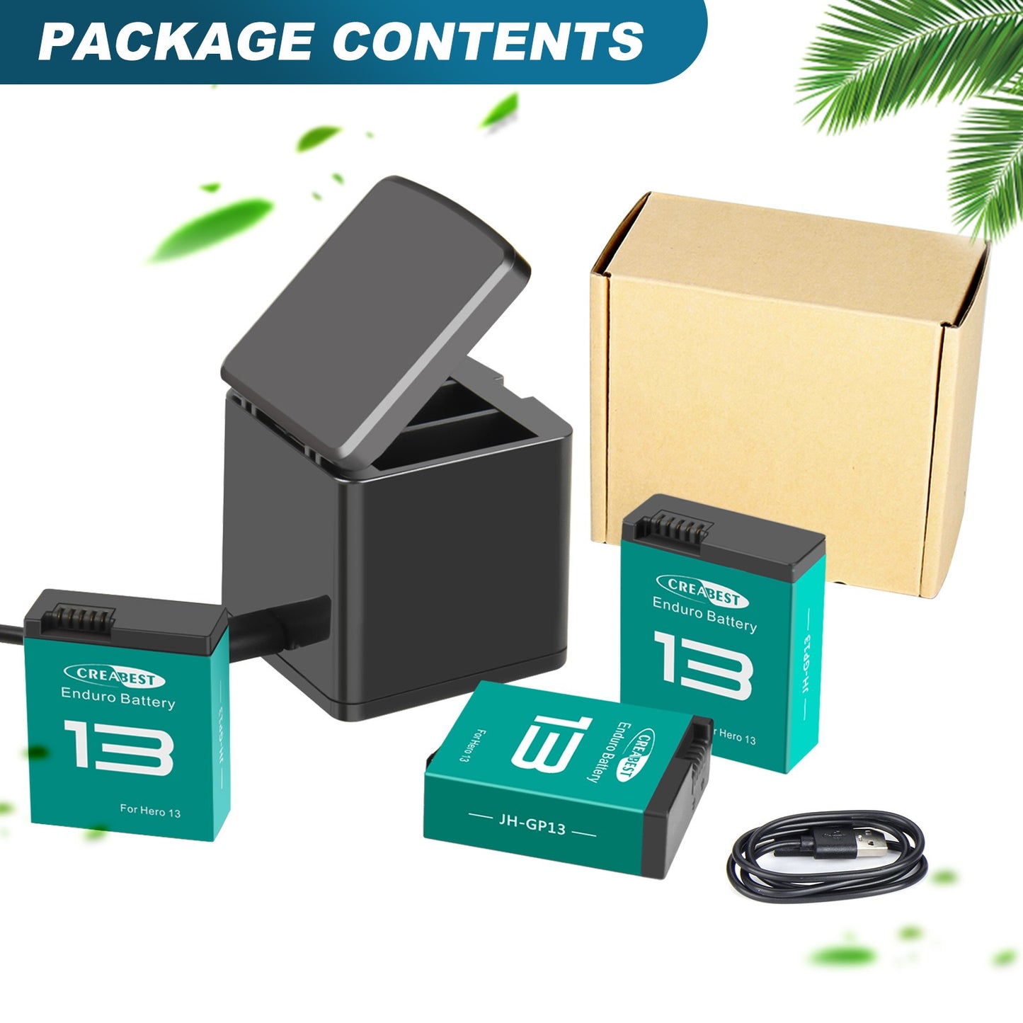 3x JH-GP13 Batteria Enduro + caricatore a tre canali, scatola di stoccaggio per GoPro Hero 13