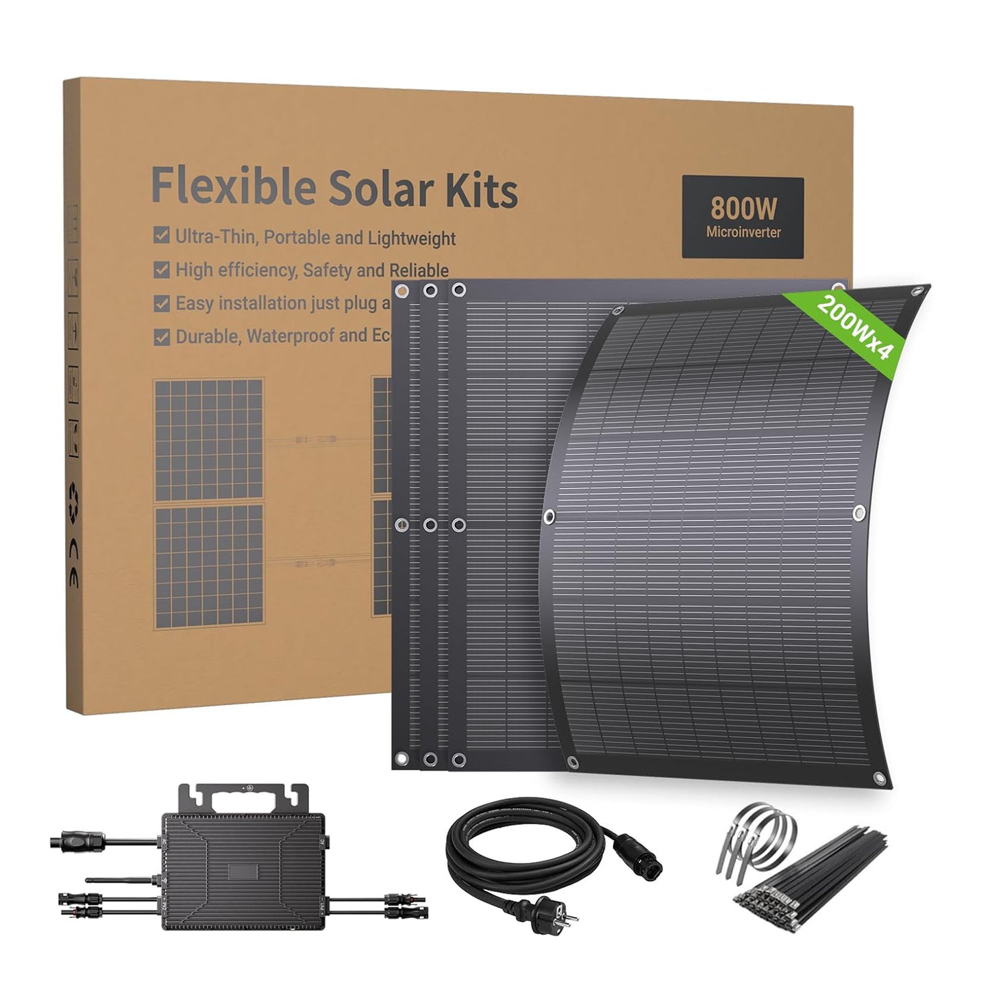Impianto solare da balcone da 800 W con kit flessibile con 4 pannelli solari flessibili da 200 W e inverter da 800 W, plug and play con cavo AC da 5 m