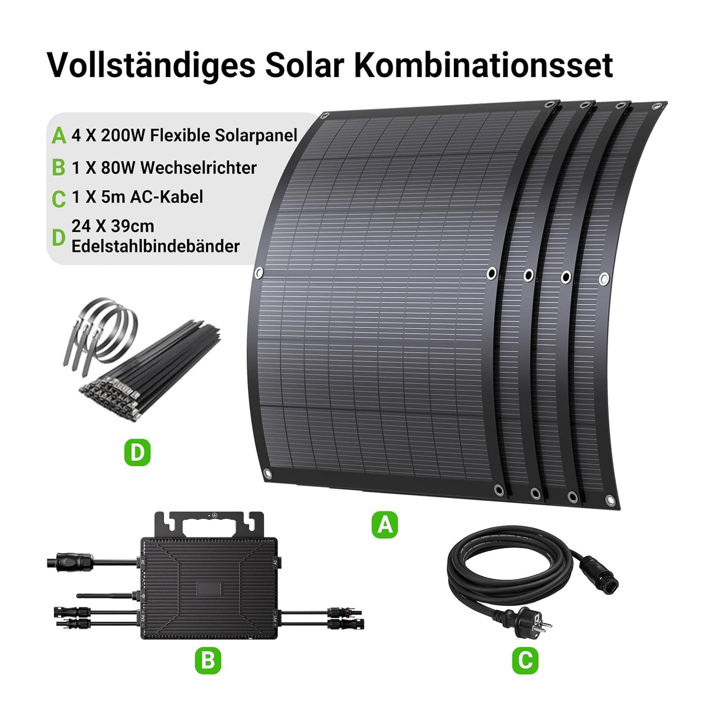 Impianto solare da balcone da 800 W con kit flessibile con 4 pannelli solari flessibili da 200 W e inverter da 800 W, plug and play con cavo AC da 5 m