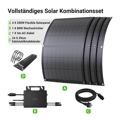 Impianto solare da balcone da 800 W con kit flessibile con 4 pannelli solari flessibili da 200 W e inverter da 800 W, plug and play con cavo AC da 5 m