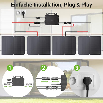 Impianto solare da balcone da 800 W con kit flessibile con 4 pannelli solari flessibili da 200 W e inverter da 800 W, plug and play con cavo AC da 5 m