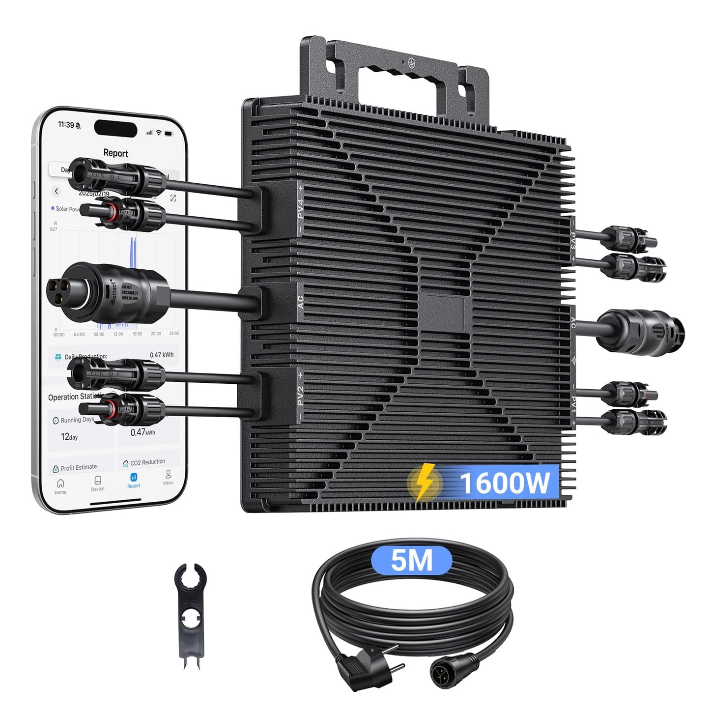 Micro inverter di potenza 1600W, power station da balcone con WiFi, Plug & Play, controllo app, cavo AC da 5 m, inverter fotovoltaico