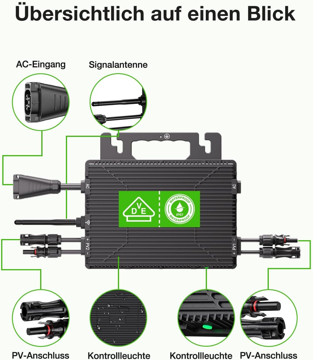 Micro Inverter 800W, centrale elettrica da balcone con WiFi, Plug & Play, controllo tramite app, cavo AC da 5 m, inverter FV