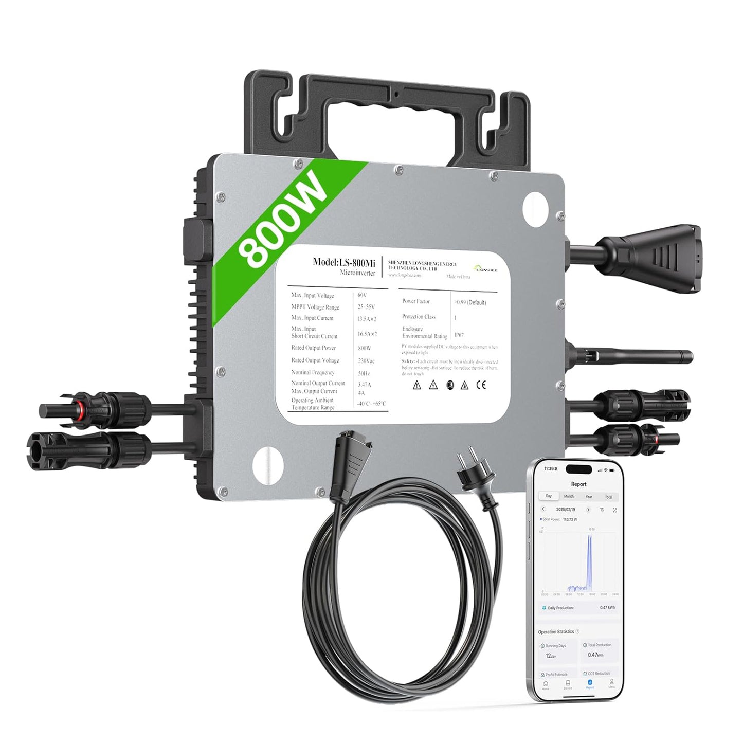 Micro Inverter 800W, centrale elettrica da balcone con WiFi, Plug & Play, controllo tramite app, cavo AC da 5 m, inverter FV