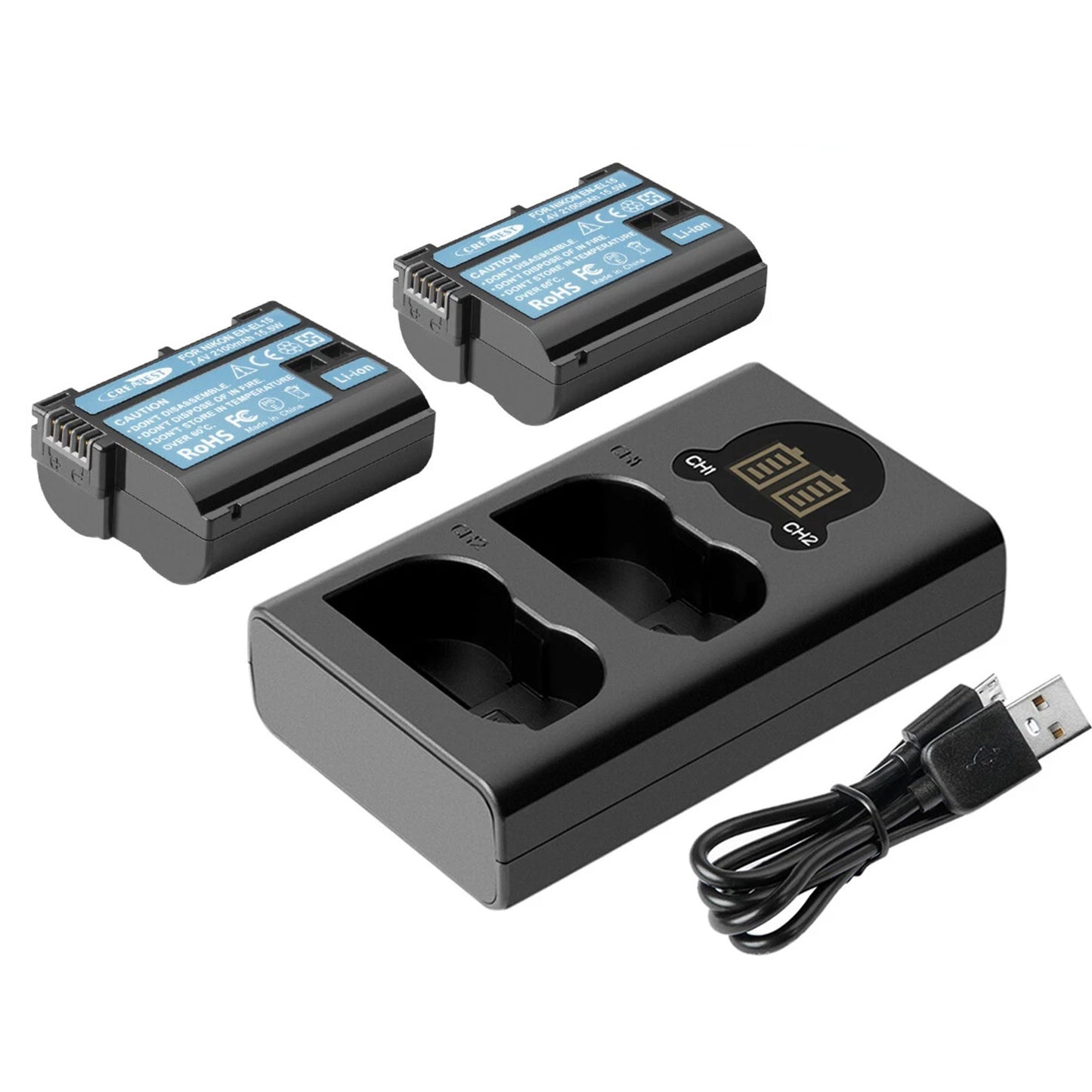 2x Batteria EN-EL15 + caricabatterie doppio per Nikon EL15A D500, D600, D610, D750, D850, D800E