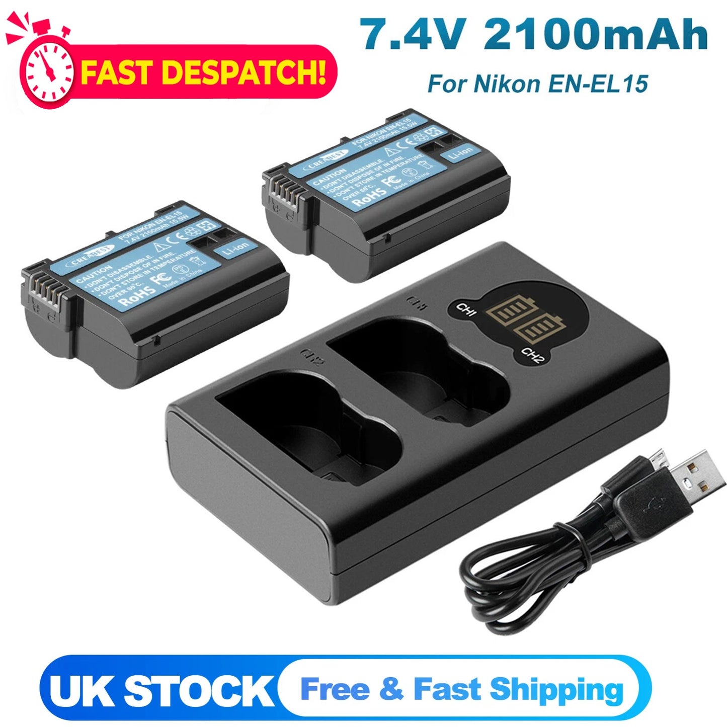 2x Batteria EN-EL15 + caricabatterie doppio per Nikon EL15A D500, D600, D610, D750, D850, D800E