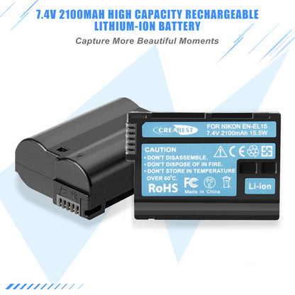 2x Batteria EN-EL15 + caricabatterie doppio per Nikon EL15A D500, D600, D610, D750, D850, D800E