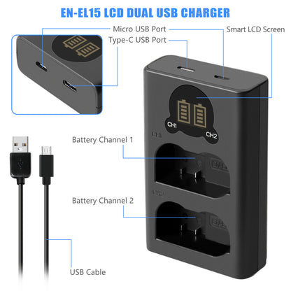 2x Batteria EN-EL15 + caricabatterie doppio per Nikon EL15A D500, D600, D610, D750, D850, D800E