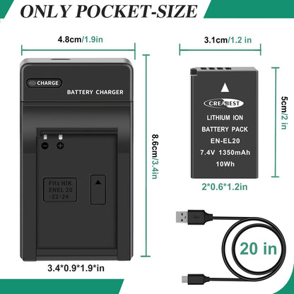 2x 1350mAh EN-EL20 EN-EL20a Battery For Nikon Coolpix P950 P1000 J1 J2+Charger