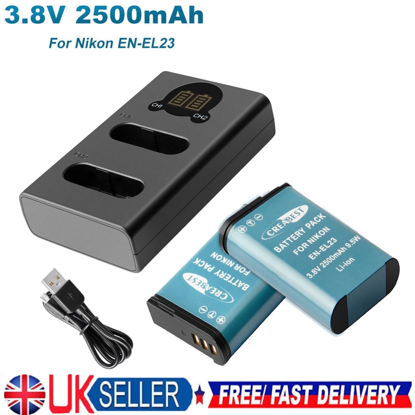 2X EN-EL23 Batteria e Caricabatterie per Nikon Coolpix P900 S810c B700 P600 P610 P610s