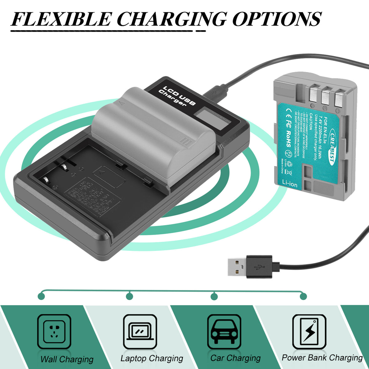 2X Batteria 2.2Ah EN-EL3E + doppio caricabatterie per Nikon D70 D70S D100 D50 D90 D700 D300