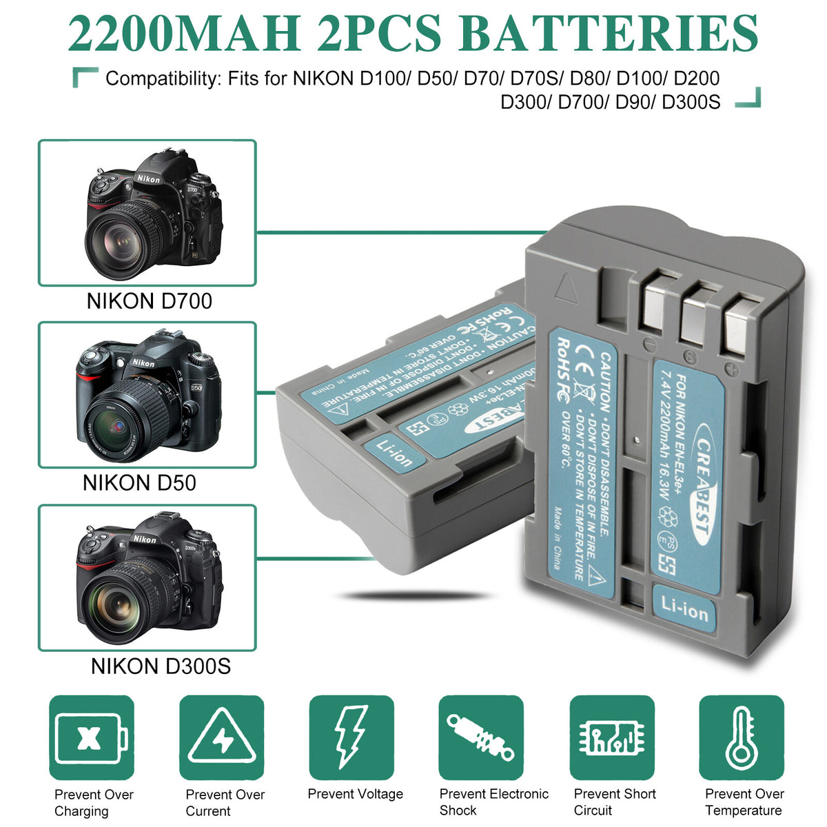 2X Batteria 2.2Ah EN-EL3E + doppio caricabatterie per Nikon D70 D70S D100 D50 D90 D700 D300