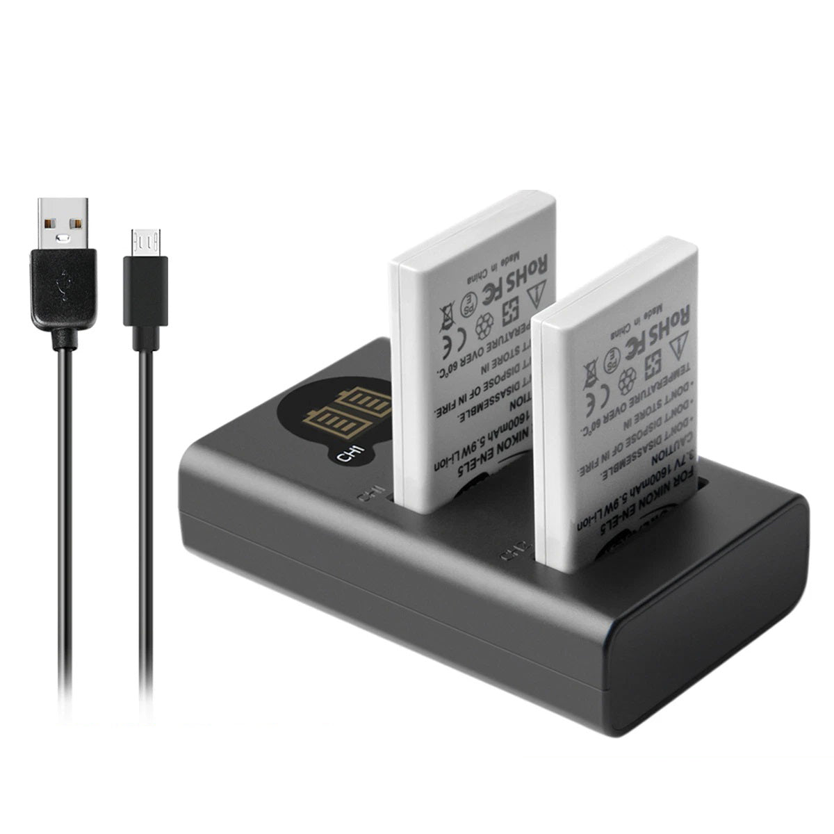 2x Batteria EN-EL5 1600mAh + Caricabatterie Doppio per Nikon Coolpix P520 P100 P510