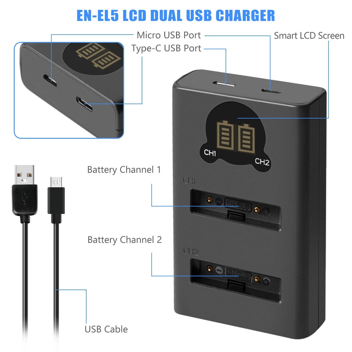 2x Batteria EN-EL5 1600mAh + Caricabatterie Doppio per Nikon Coolpix P520 P100 P510