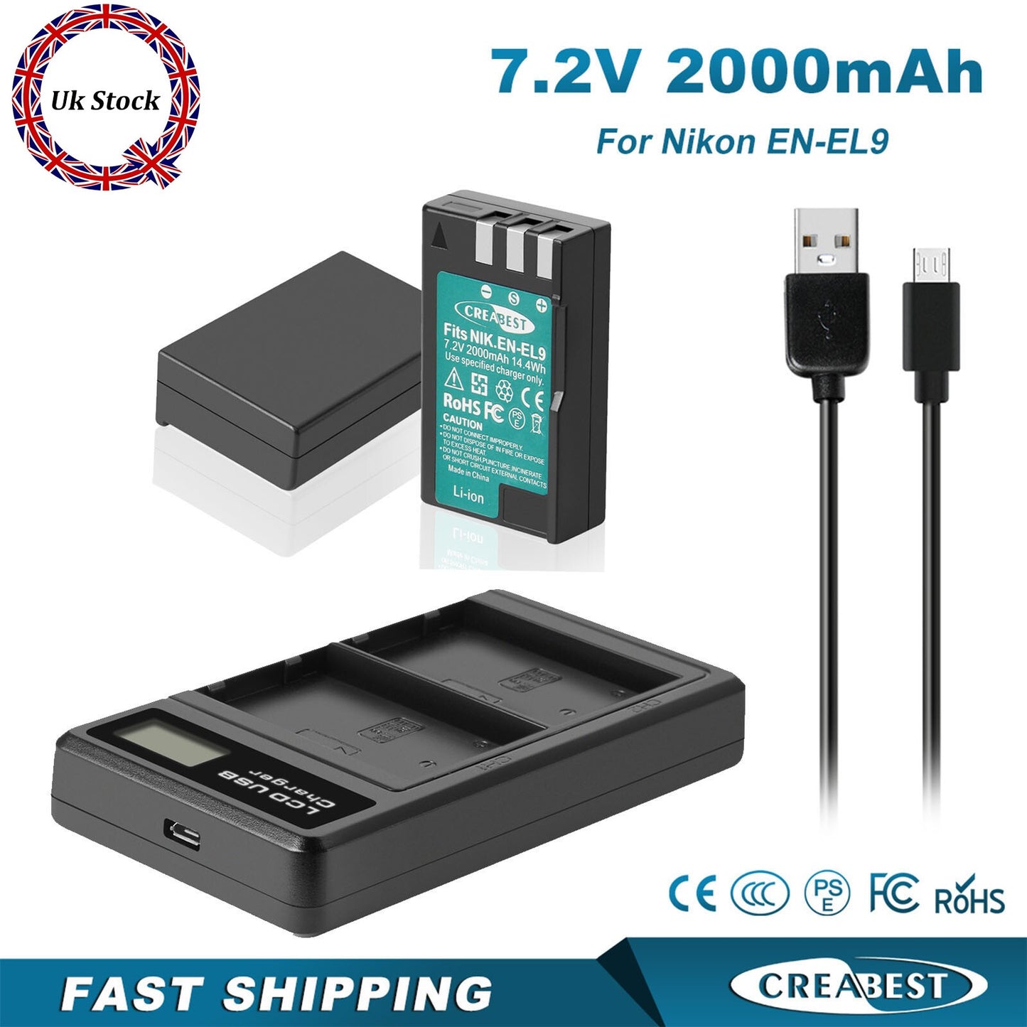 2x Batterie EN-EL9 2.0Ah +Caricabatterie per Nikon EN-EL9a D40X DSLR D3000 D5000 D60 D40
