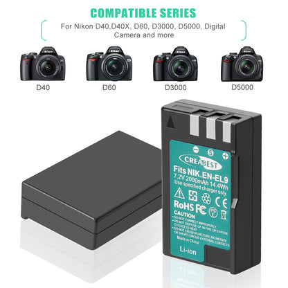 2x Batterie EN-EL9 2.0Ah +Caricabatterie per Nikon EN-EL9a D40X DSLR D3000 D5000 D60 D40