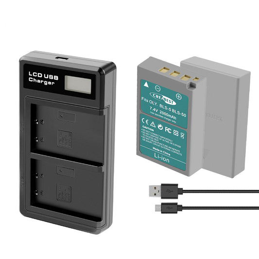2x Batteria per fotocamera BLS-5 BLS-50 PS-BLS5 2000mAh + Caricabatterie Doppio per Olympus PEN