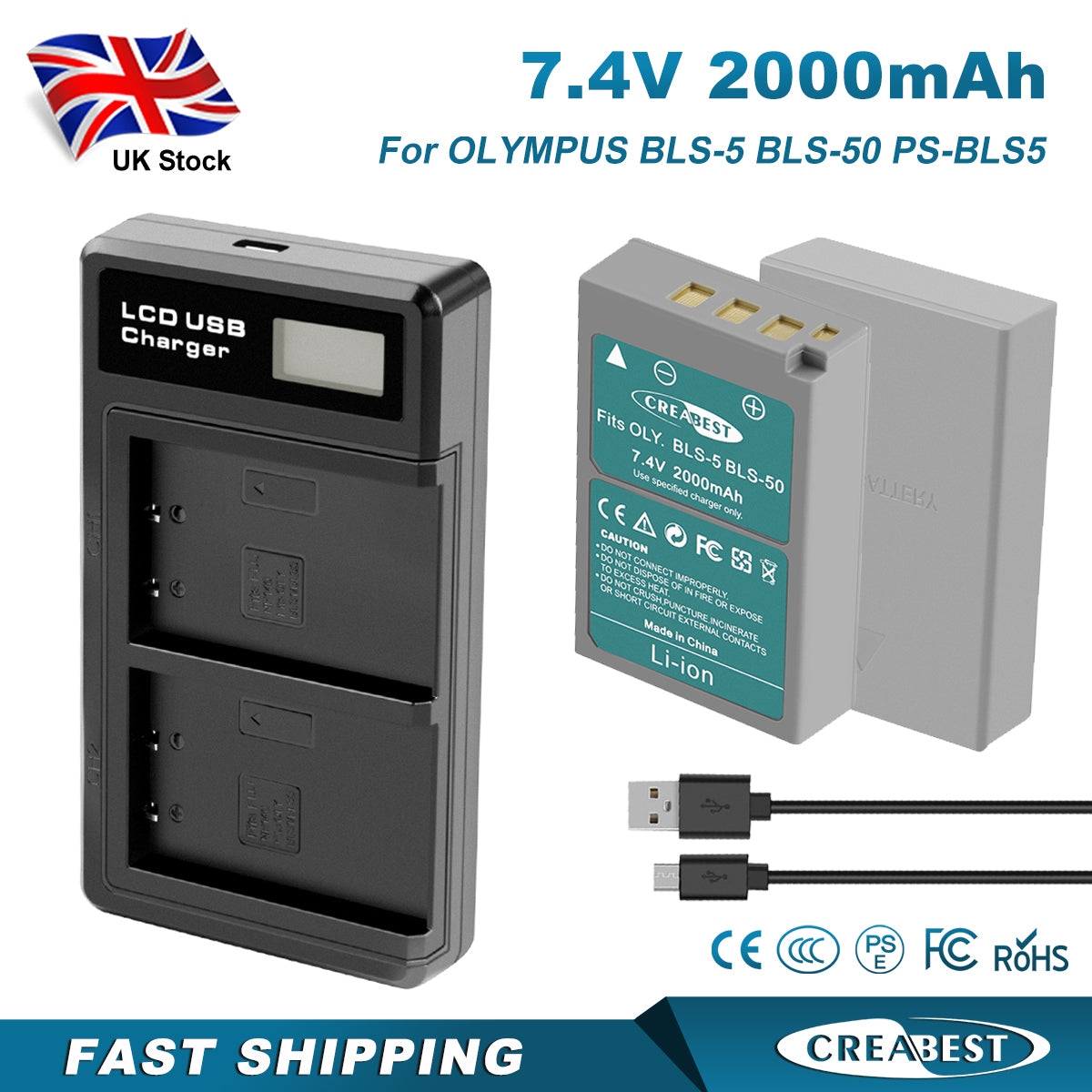 2x Batteria per fotocamera BLS-5 BLS-50 PS-BLS5 2000mAh + Caricabatterie Doppio per Olympus PEN