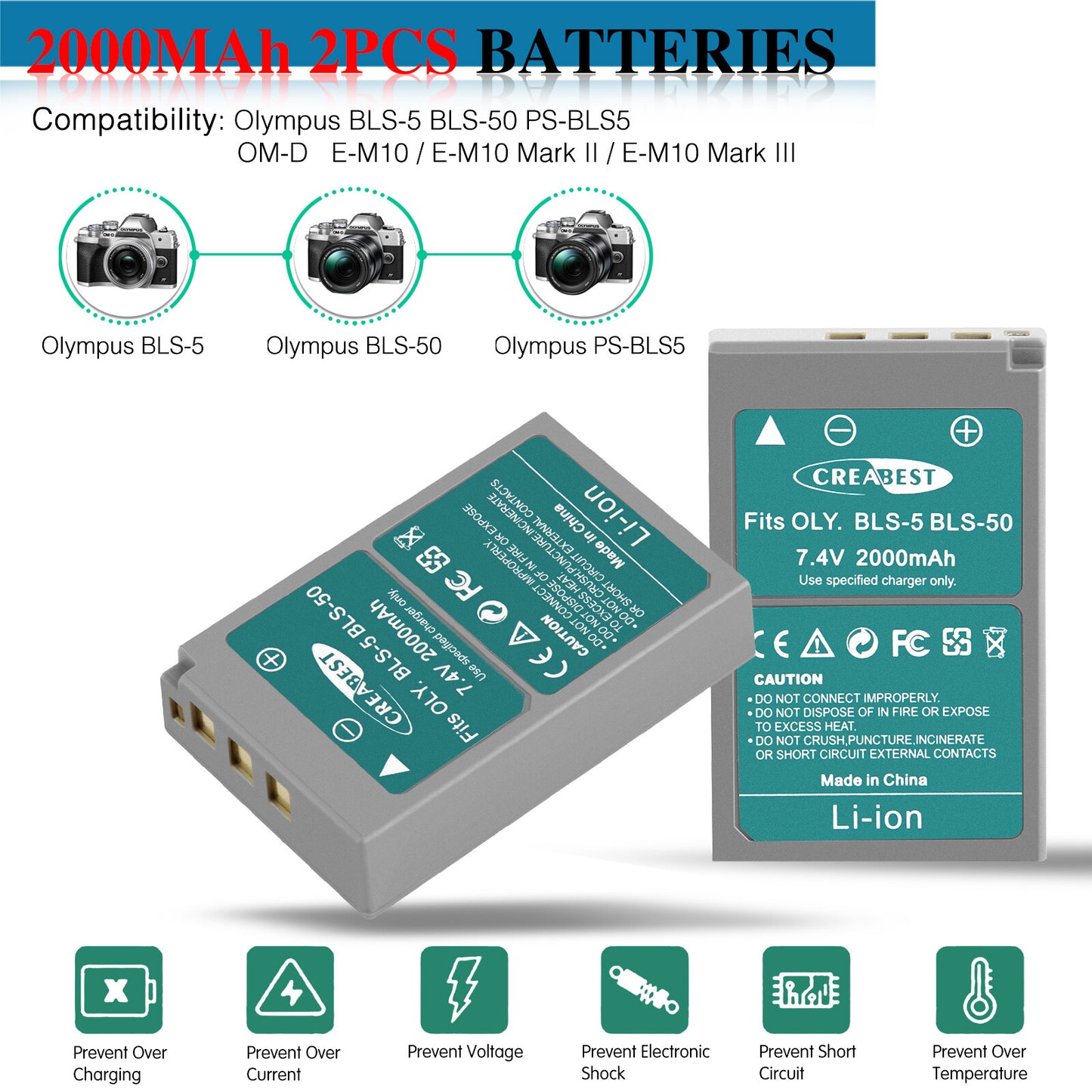 2x Batteria per fotocamera BLS-5 BLS-50 PS-BLS5 2000mAh + Caricabatterie Doppio per Olympus PEN