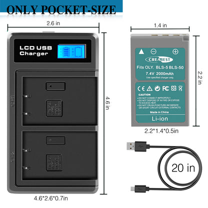 2x Batteria per fotocamera BLS-5 BLS-50 PS-BLS5 2000mAh + Caricabatterie Doppio per Olympus PEN