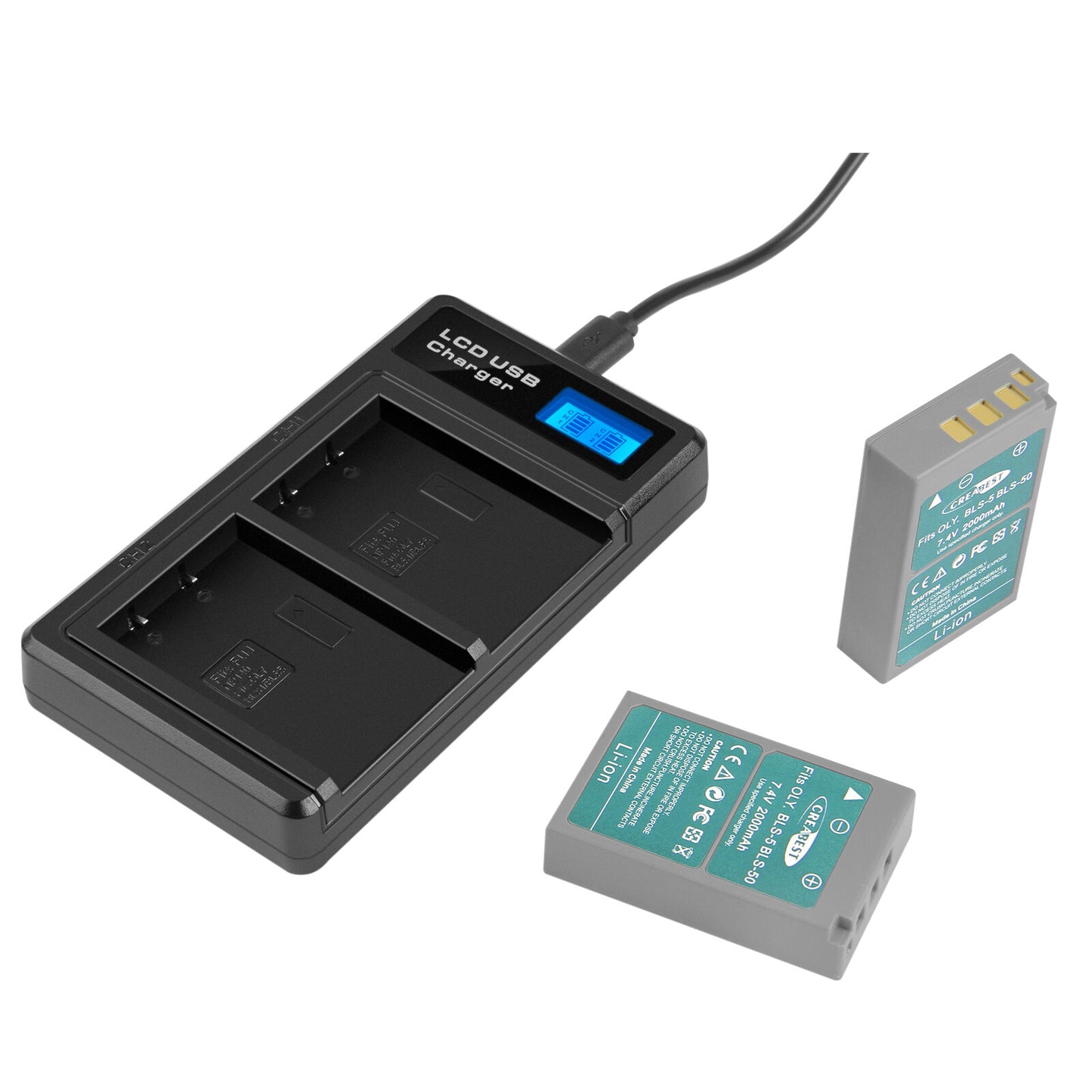 2x Batteria per fotocamera BLS-5 BLS-50 PS-BLS5 2000mAh + Caricabatterie Doppio per Olympus PEN