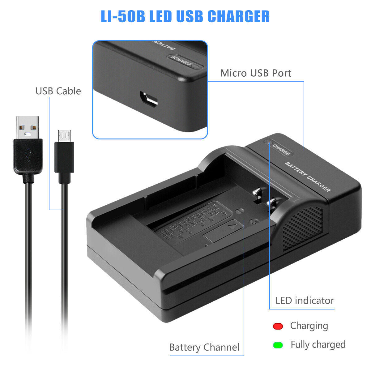 Caricabatterie USB 2x per Batterie Li-50B per Olympus SZ-30 SZ-20 XZ-10 SP-800UZ SP-815UZ