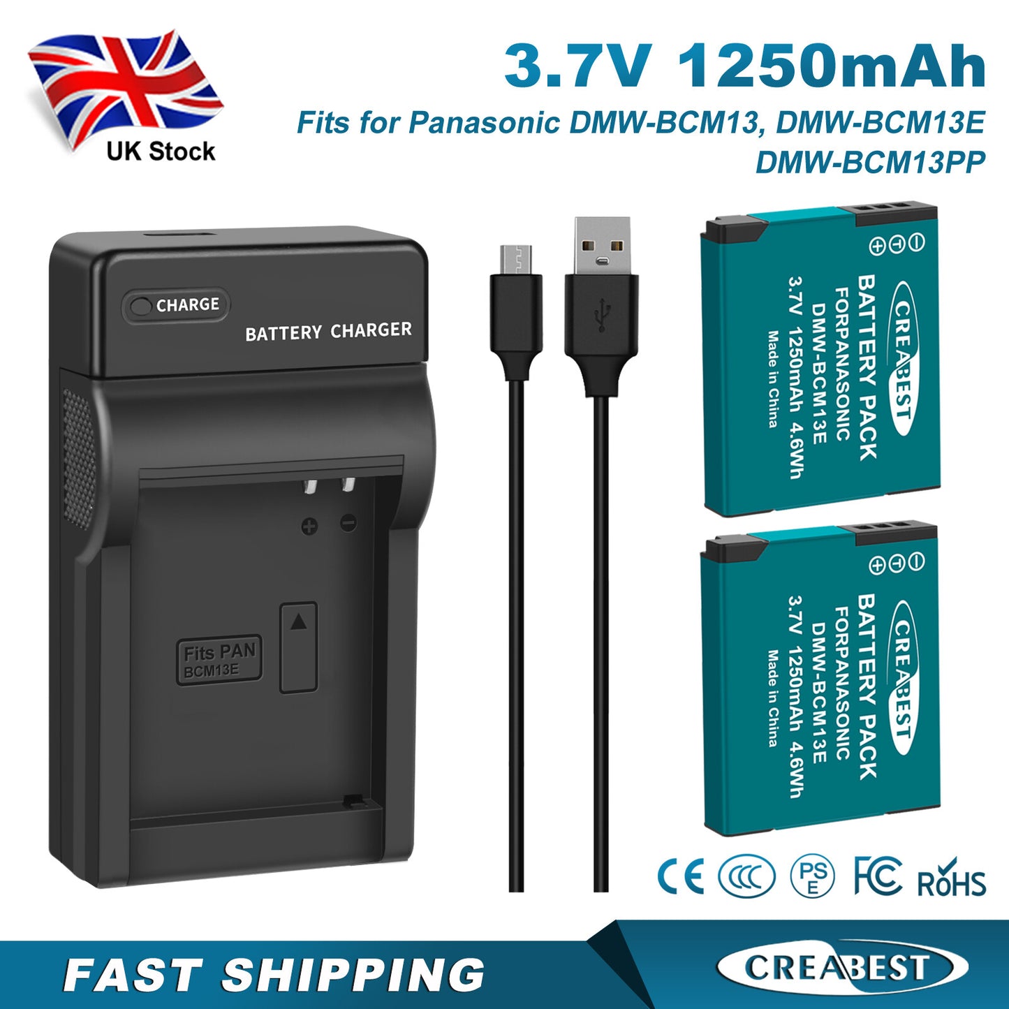 2 Pezzi Caricabatterie DMW-BCM13 1250mAh per Panasonic Lumix DMC-TZ40S ZS50 ZS30W