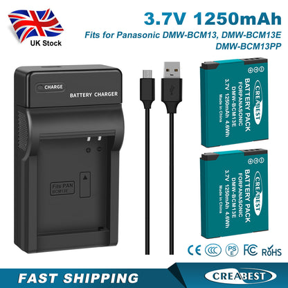 2 Pezzi Caricabatterie DMW-BCM13 1250mAh per Panasonic Lumix DMC-TZ40S ZS50 ZS30W