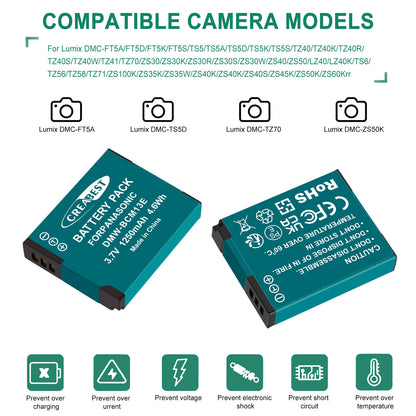 2 Pezzi Caricabatterie DMW-BCM13 1250mAh per Panasonic Lumix DMC-TZ40S ZS50 ZS30W